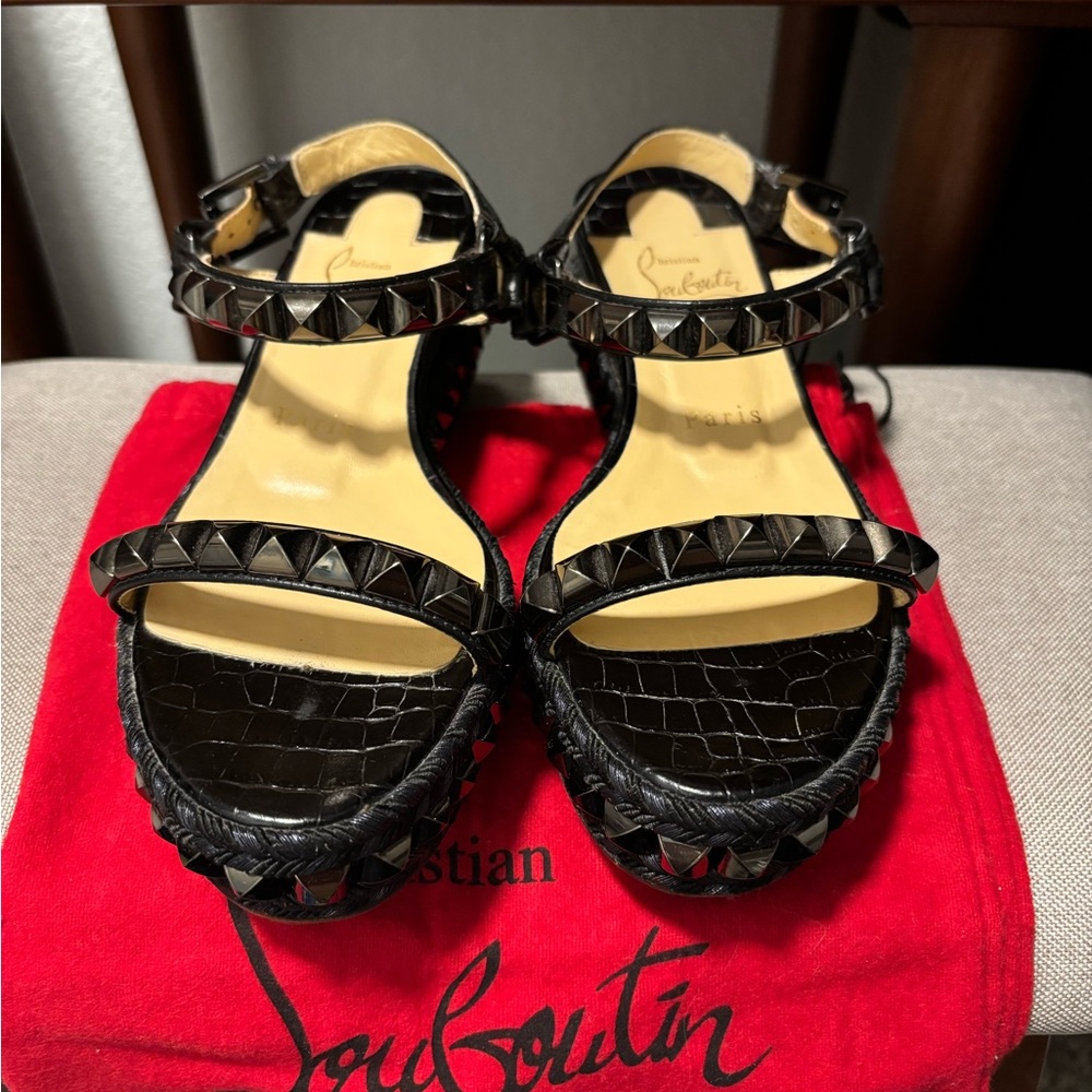 Christian Louboutin Black Croc-Embossed Studded Sandals